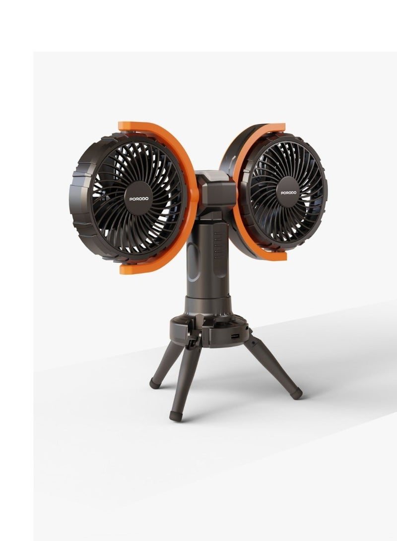 porodo Dual Head Oscillating Fan With Tripod Base / 2-Level LED Lights / 8000mAh Power Bank / 15W Fan Power / USB-C Charging Port Lightweight / Compact Design / 360° Multifunctional Adjustable Fan- Black - Image 1
